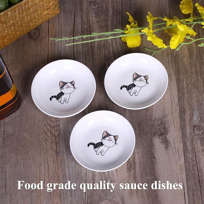 4 Pack Saucer Dishes with Cat Pattern, Ceramic Dipping Bowls Set, 4 Inch Side Dishes Sauce Dishes for Sushi Sauce Snack Soy, Porcelain Seasoning Dishes Side Bowls, Snack Serving Dishes
