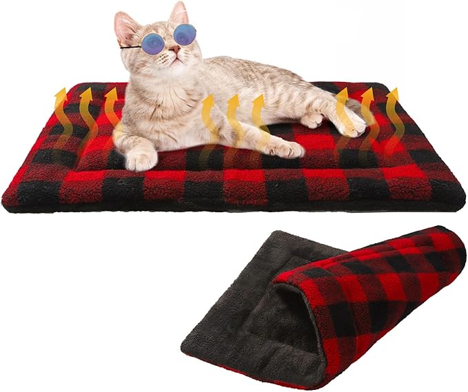 BEAUTYZOO Self Warming Cat Bed, Self Heating Cat Pad 28 x 19 inch, Double Sided Heated Cat Dog Mat, Soft Thermal Blanket for Indoor Outdoor Large Kittens Small Puppy Pets, Washable, Buffalo Red