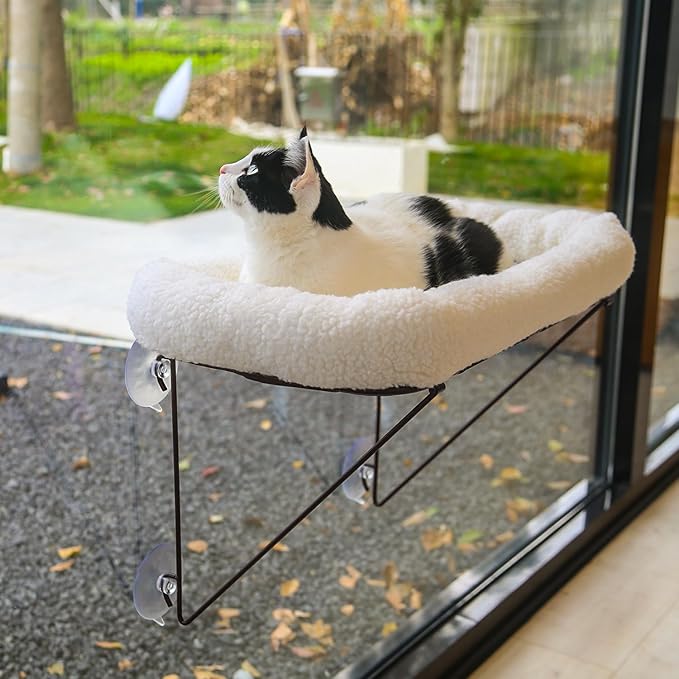 Cat Window Perch - 100% Metal Supported from Below - Comes with Warm Spacious Pet Bed - Cat Window Hammock for Large Cats & Kittens - for Sunbathing, Napping & Overlooking (White)