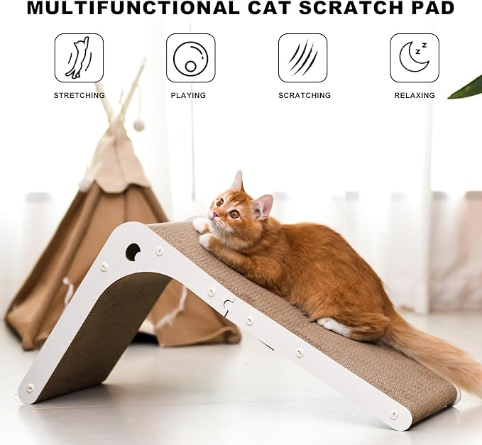 Cat Scratcher Cat Claw Board L-Shaped Vertical Simple and Durable Cat Claw Board Not Easy to Drop Scraps Belt Bell Ball Cat Scratching Board(White)