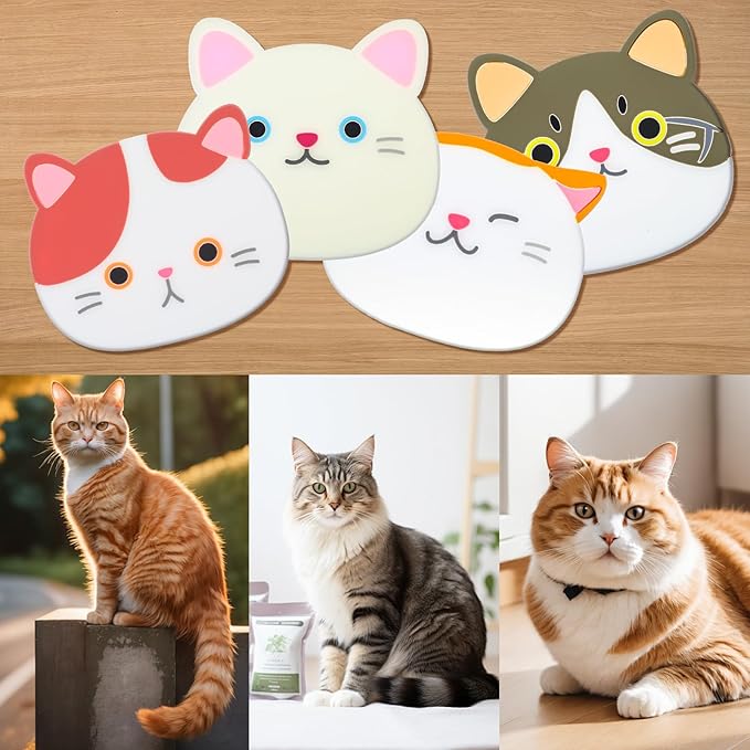4Pcs Funny Cat Coasters for Drinks, Cute Cat Cup Holder, Silicone Small Coasters for Coffee Table Dinning Room Desk Decorations Non Slip Hot Pads for Beverage Drink Tea Home Gift Idea