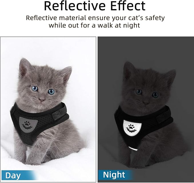 Cat Vest Harness and Small Dog Vest Harness for Walking, All Weather Mesh Harness, Cat Vest Harness with Reflective Strap, Step in Adjustable Harness for Small Cats (Black, XS)