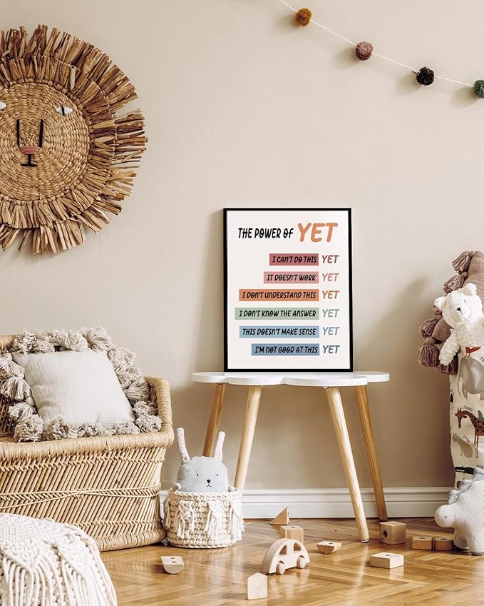 "The Power of Yet" Modern Inspirational Framed Canvas Wall Art, Uplifting 12"x16" Motivational Colorful Wall Decor, Positive Affirmation Encouraging Quote Art Office Classroom Home School