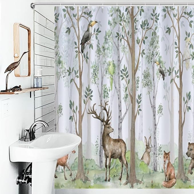 Animal Forest Watercolor Shower Curtains for Bathroom, Cartoon Bear Deer Fox Birds Rabbit Green Woodland Pattern Decor Bath Drapes Set with Hooks, Waterproof Fabric Windows Treatment, 66x72in