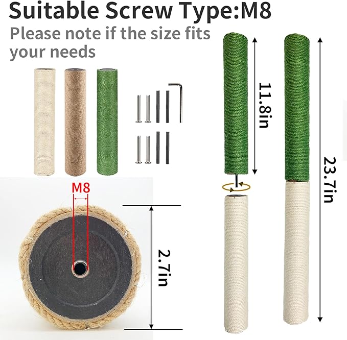 VCEPJH Cat Scratching Post Replacement 4 Pcs 12in Cat Tree & Tower Scratch Pole Refill Parts with M8 Screws Sisal Rope Cat Furniture Protector for Indoor Kittens Tree Tower (White)