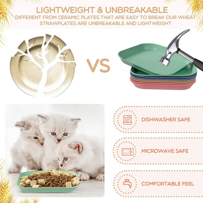 8 Pieces Whisker Fatigue Cat Bowls, 6 Inch Shallow Cat Food Dish Wide Cat Wet Feeding Bowls, Wheat Straw Pet Plate for Kittens and Short Legged Cat