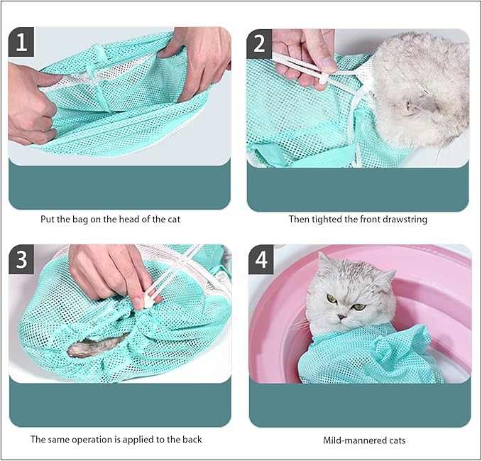Anti-Scratch Silicone cat Shoes,Cat Claw Covers,Adjustable Multifunctional Anti-Bite Shower net Bag，Cat Grooming Mesh Bag, Pet Medical Shoes,Cat Bathing Bag (No.2)