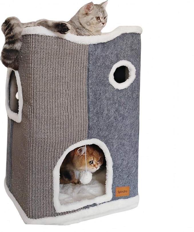 3-Level Cat House for Indoor Cats, Large Adult Cat Cave Bed Cats Cube House with Scratch Pad Cat Towers, Cute Kitten Condo Hideaway Hut with Soft Pillow Mat for Multi Pets Under 50 lbs