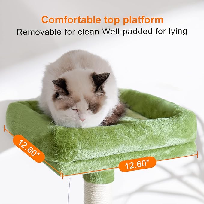 Heybly Cat Tree with Toy, Cat Tower condo for Indoor Cats, Cat House with Padded Plush Perch, Cozy Hammock and Sisal Scratching Posts, Green HCT004GR