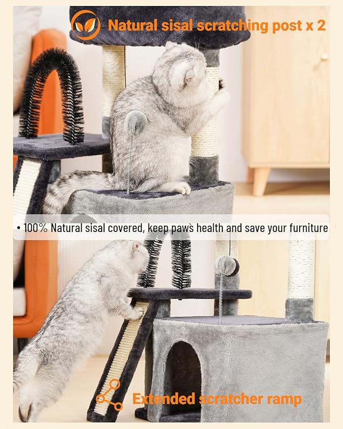 Happi N Pets Cat Tree Tower for Indoor Cats, Multi-Level Cat Tree with Scratching Posts & Pads, Cozy Cat Perch, Cat Self Groomer and Interactive Toys, Featuring with Large Cat Cave, Smokey Gray
