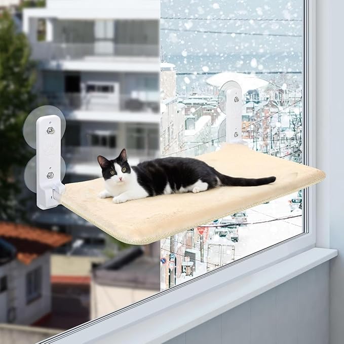 Cat Window Perch, Cordless Foldable Cat Hammock Bed with Metal Frame and Reversible Cover, Indoor Window Cat Bed Hold Up to 55lbs for Medium to Large Cats, Beige