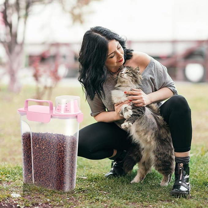 10 LBS Dog Cat Storage Container Portable with Upgraded Large Spout and Cup,Plastic Pet Food Dispenser for Small Animal Kibble,Bird Seed,Oatmeal,Rice,flour,brown sugart-2 pack Smoky Pink