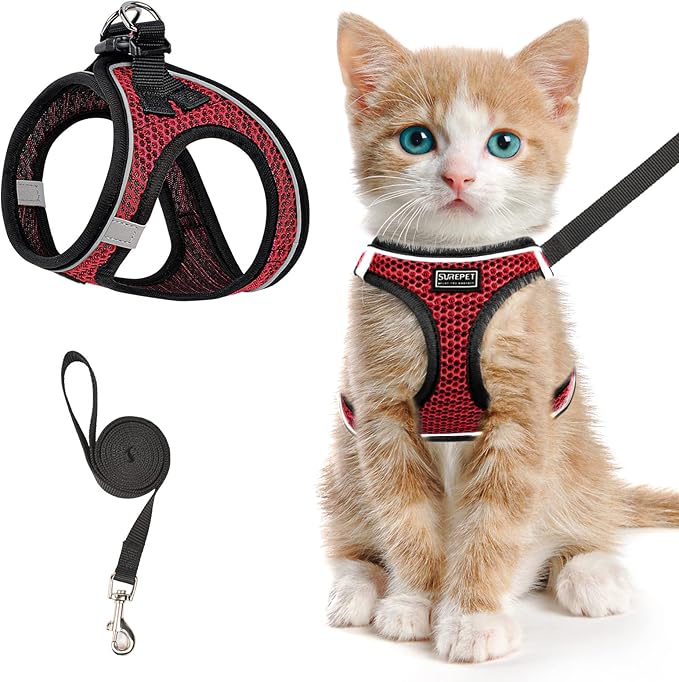 Cat Harness and Leash for Walking Escape Proof, Adjustable Kitten Vest Harness Reflective Soft Mesh Puppy Harness for Outdoor, Comfort Fit, Easy to Control (Red, XS)