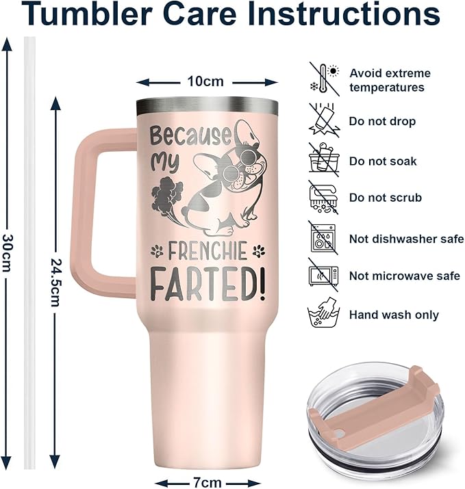 34HD 40oz French Bulldog Tumbler with Handle and Straw, Vacuum Insulated French Dog Coffee Mug with Lid, Birthday Gifts for Pet Owners, Funny Gifts for Dog Mom Mothers Day Women