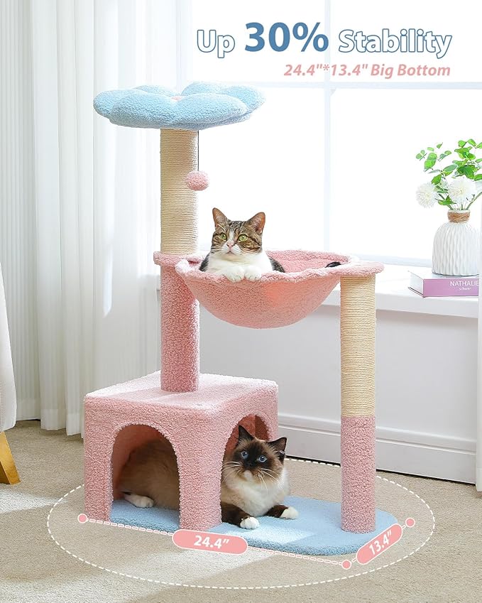 Flower Cat Tree with Large Metal Frame Hammock, 35" Pink Cat Tower with Sisal Scratching Posts for Small Indoor Cats, Cat Condo with Blue Top Perch for Kittens, Fluffy Ball, Pink