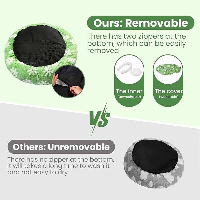 Cat Bed & Dog Bed, Removable Cozy Soft Cat Bed Washable Round Cute Dog Bed with Jacquard for Small Medium Cats and Dogs, Green Flower S