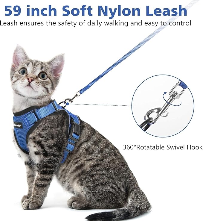 Dooradar Cat Harness and Leash Set, Escape Proof Safe Adjustable Kitten Vest Harnesses for Walking, Easy Control Soft Breathable Mesh Jacket with Reflective Strips for Cats, Blue, XXS