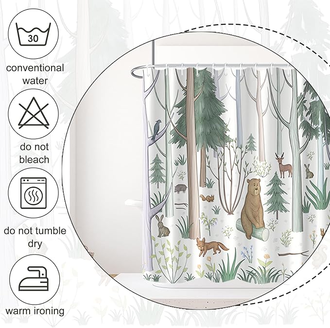 AWERT Cute Shower Curtain with Hooks Green Forest Shower Curtain with Wild Animals Bear Moose Deer Fox Deor Bathroom 72x78 inch