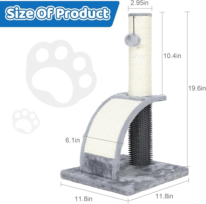Tall Cat Scratching Post with Groomer, 19.6" Scratching Post with Wood Frame, Stable Sisal Cat Post with Extra Interactive Dangling Plush Toy,Protect Furniture