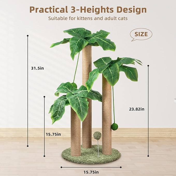 Cat Scratching Post 31.5" Palm Tree Cute Cat Tree Scratching Poles Sisal Hanging Balls Cat Scratcher for Kitten and Adult Cats