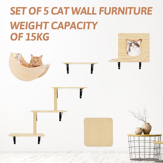 Cat Wall Shelves, 5pcs Cat Wall Furniture, Wooden Cat Wall Shelves and Cat Perch Set with Cat House, Cat Hammock, Cat Climbing Steps, Sisal Cat Scratching Post Ladder, Cat Scratcher Board Wall Mounted
