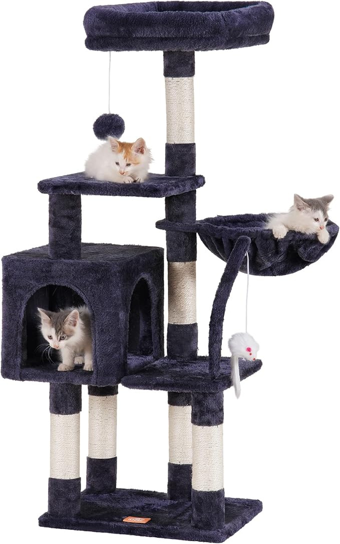 Heybly Cat Tree with Toy, Cat Tower condo for Indoor Cats, Cat House with Padded Plush Perch, Cozy Hammock and Sisal Scratching Posts, Smoky Gray HCT004SG