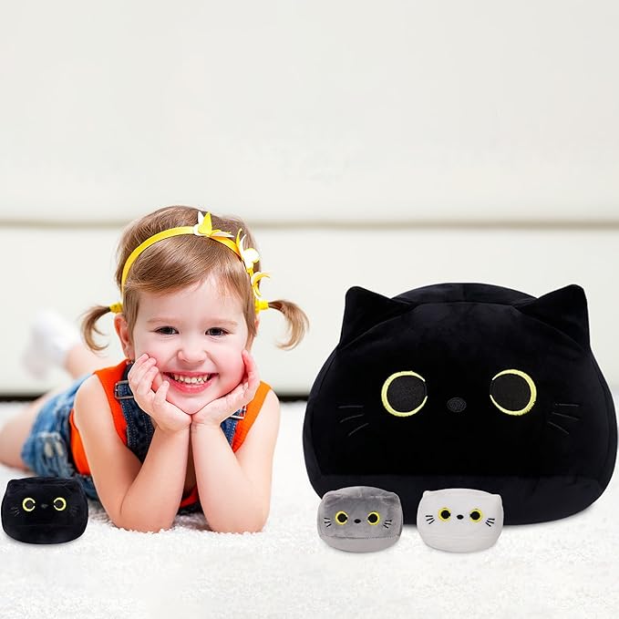 4PCs Black Cat Plush Toy 16'' Black Cat Pillow with 3 Babies, 3D Black Cat Plushies Pillow Baby Cute Plush Toys Shape Cat Design Sofa Fat Pillow Gifts for Boys Girls