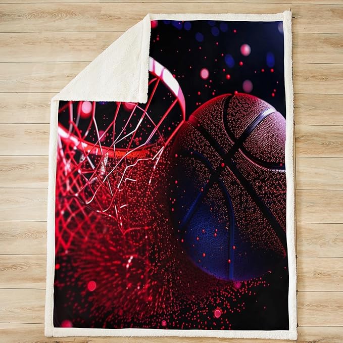 Basketball Court Sherpa Blanket 3D Basketball Fleece Throw Blanket for Sofa Couch Bed Decor Sports Theme Plush Blanket Colorful Glitter Fuzzy Blanket Queen 90x90 Inch