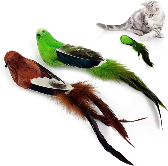 2 Pcs Real Feather Cat Birds Toys Realistic Simulation Birds Toys with Bells for Indoor Cats Kittens.