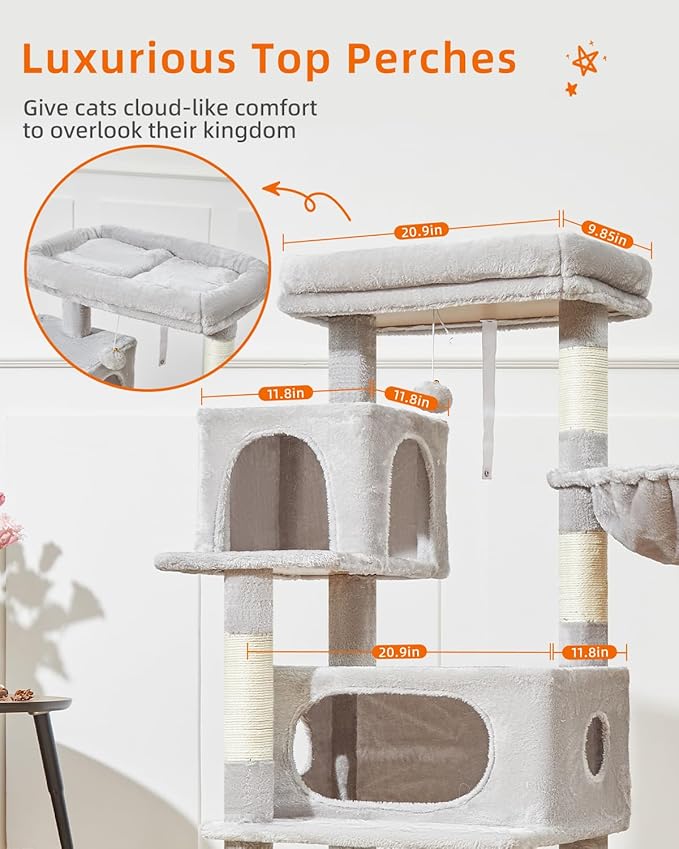 Taoqimiao Cat Tree,48.8-Inch Cat Tower for Indoor Cats,2 Luxurious cat condo with Adjustable Large Hanging Baskets and Large Luxurious Perch Light Gray MS029LW
