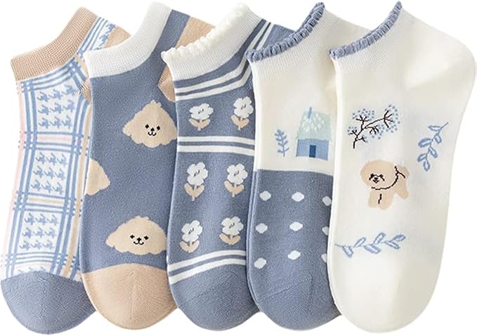 5/10 Pairs Combed Cotton Socks for Women with Cute Animals/Flowers Patterned Ankle Socks