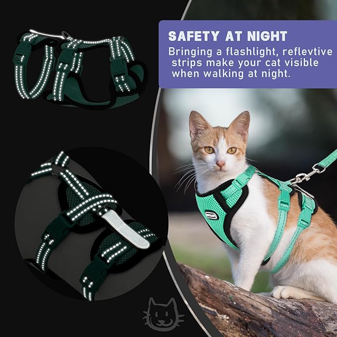 Cat Harness for Walking, Escape Proof Cat Harness and Leash Set with Reflective Strip, Adjustable Cat Leash Breathable Soft Vest for Small to Large Cats, Green, M