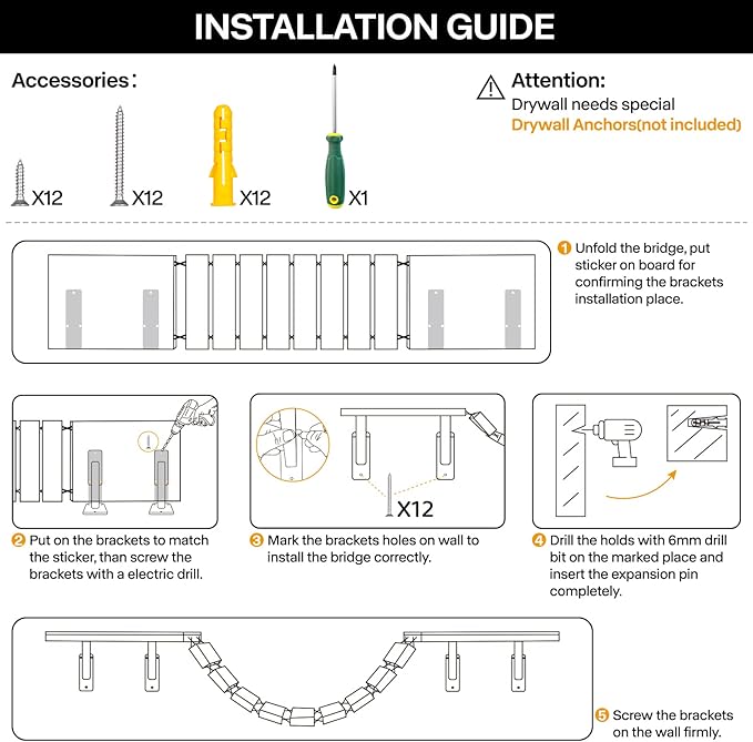 Handcrafted Wood Cat Wall Suspension Bridge - Wall Mounted Cat Shelves, Cat Floating Steps, Cat Wall Perch, Cat Climber Ladder Tree Shelf, Cat Wall Furniture Cat Hammock Bed