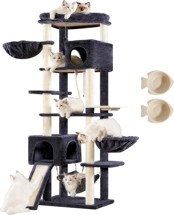 Hey-brother Cat Tree, 70.8 Inches Multi-Level Cat Tree Tower for Large Cats, Heavy Duty Cat Tower with Cat Condo,Baskets, Cat Scratching Posts, Big Hammock and Food Bowls, Smoky Gray MPJ036G