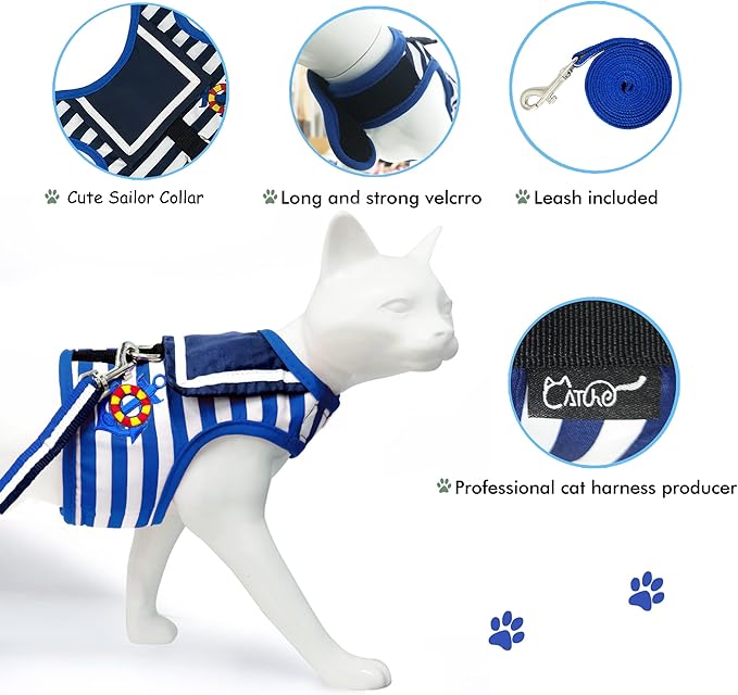 Cat Harness and Leash for Walking Escape Proof, Adjustable Cat Vest Harness, Padded Stylish Cat Walking Jackets, Sailor Suit Navy, Small