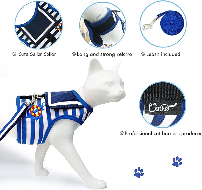 Cat Harness and Leash for Walking Escape Proof, Adjustable Cat Vest Harness, Padded Stylish Cat Walking Jackets, Sailor Suit Navy, Large