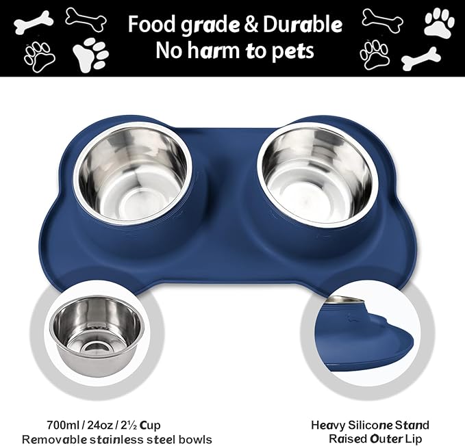 AsFrost Dog Food Bowls Stainless Steel Dog Food & Water Bowl Set with No Spill No Slip Silicone Mat, Dog Dishes for Small Medium Size Dogs Pet Cat Puppy Food Feeding Bowls, Blue, 24oz, 3 Cup