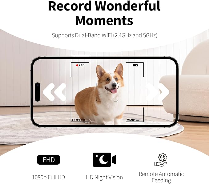 Automatic Cat Feeders with Camera, 5G WiFi Cat Feeder with 1080P HD Video Night Vision, Automatic Pet Feeders with 2-Way Audio, Motion & Sound Alerts, Voice & Video Record, Automatic Feeder with App