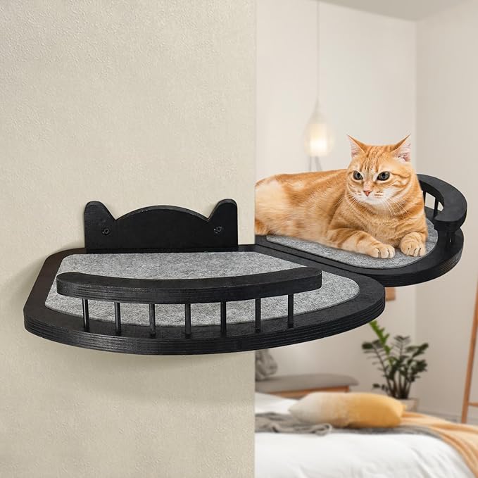 Cat Wall Furniture Wall Mounted, 2PCS Cat Shelves and Cat Perches for Wall with 3 Cat Wall Steps and Scratching Pad, Cat Climbing Condo Fit Cat Up to 15Lbs, Wood Cat Hammock Wall Mount (Black)