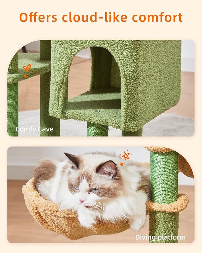Taoqimiao Cat Tree, 39.4-Inch Cat Tower for Indoor Cats,Suitable for Kittens,Plush Cat Condo with 5 Scratching Posts, Plush Perch,2 Hammock,Pompoms, MS019T Cactus