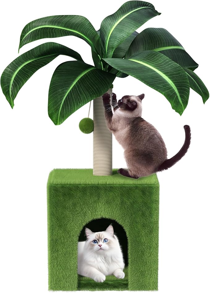 Cat Scratching Post with Condo, Palm Cat Tree Tower Natural Sisal Cat Scratcher Cat Bed Cat Furniture for Kittens and Cats