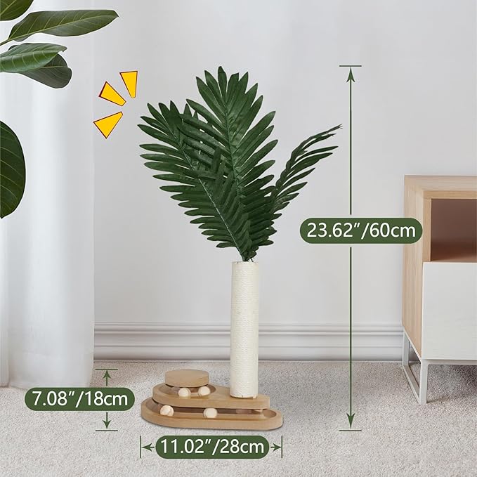 Cat Scratching Post, 23.6" Green Leaves Tall Scratching Post, 2 Layer Cat Ball Track Toy with 4 Removable Balls, Interactive Cat Toy with Natural Sisal Scratch Pole