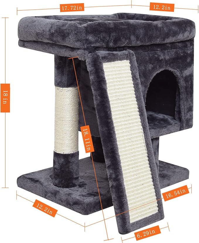 SYANDLVY Small Cat Tree for Indoor Cats Large Adult, Cat Tower with Scratching Post, Modern Cat House with Padded Perch, Kittens Condo with Board, Cat Cave (Smoky Grey)