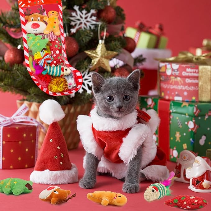 12Pcs Christmas Stocking Cat Toys, Xmas Cat Toys Set with Catnip Plush Toy, Mice Feather Toys, Cat Wand, Pet Supplies for Kitten Toys Interactive Play Indoor Cats Christmas Decorations