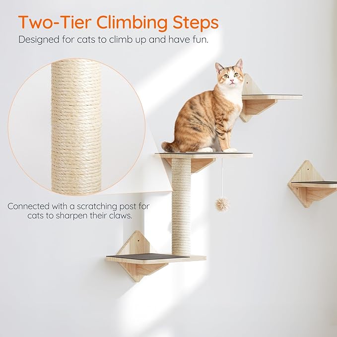 HOOBRO Wood Cat Wall Shelves, Set of 5 Cat Furniture, Cat Wall Mounted Furniture, Cat Climbing Shelves with Cat House, Cat Steps, Scratching Post, Perch, Sturdy and Anti-Slip, Natural NL43CS03