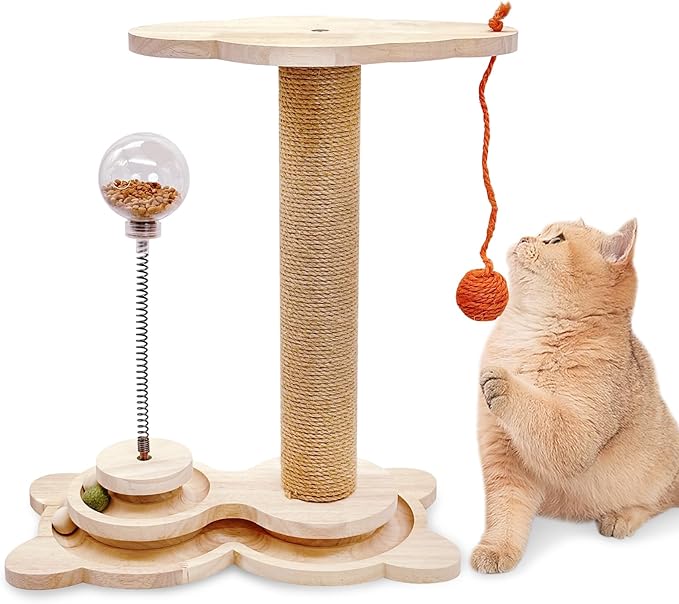 Fhiny Cat Scratching Posts, Interactive Cat Toys for Indoor Cats Sisal Rope Kitten Scratcher with Cat Treat Dispenser 2-Layer Wooden Cat Turntable & Interactive Balls Dangling Ball for Cats Kittens