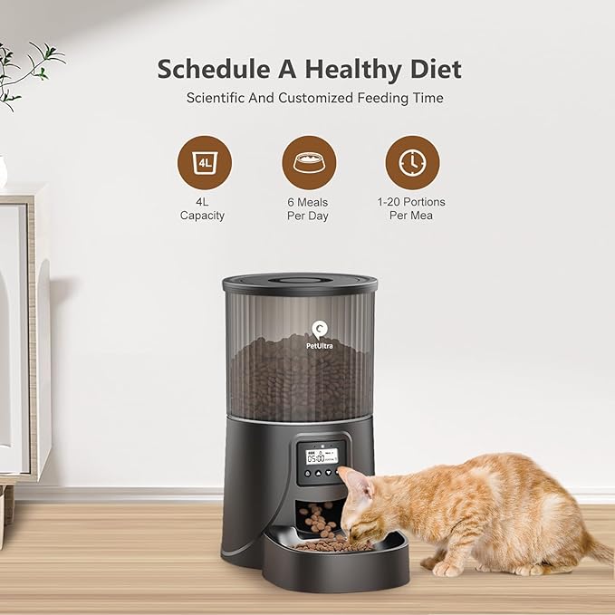 Automatic Cat Feeder: 4L Timed Cat Food Dispenser Programmable 1-6 Meals for Cat and Small Medium Dog- Auto Pet Feeder Easy to Set Up Dual Power Supply with Desiccant Bag| Detachable Washable