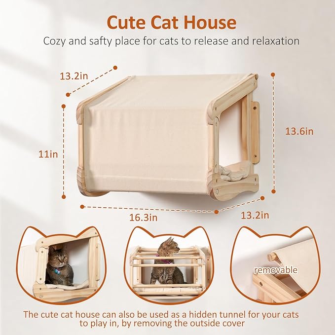 Cat Wall Shelves and Cat Wall Climber for Wall, Wooden Wall Mounted Cat Furniture, 5 Set ofCat Climbing Perches with Wall Steps, Scratching Posts, Scratching Perch, and Cat Tunnel