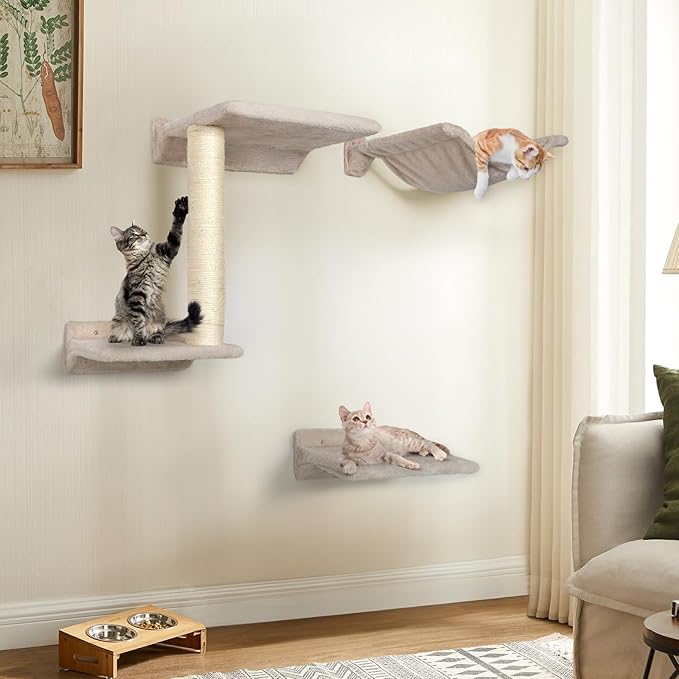 Cat Wall Furniture Shelves - 5 Pcs Wall-Mounted Cat Furniture, Including 2 Cat Steps, 1 Perches, 1 Cat Hammock, 1 Sisal Cat Scratcher Post, DIY Cat Walls Playground for Large Cats