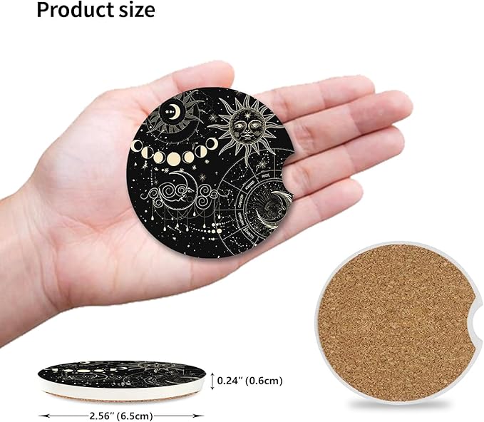 Absorbent Car Coasters 2 Pack for Cup Holders, 2.56" Ceramic Stone & Non-Scratch Cork Base Drink Coasters(Moon and Sun)